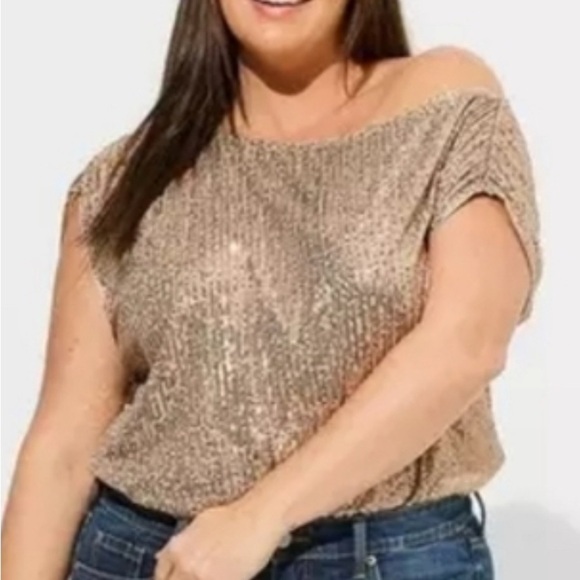 NWT Torrid Sz 4 4X gold sequin off shoulder top gathered shoulders Gorgeous! - Picture 1 of 9